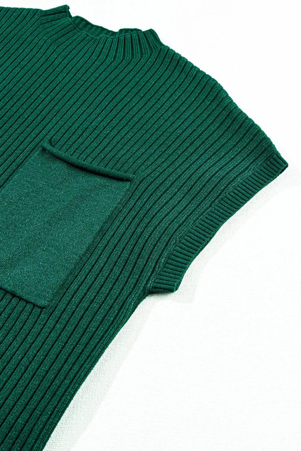 Blackish Green Patch Pocket Ribbed Knit Short Sleeve Sweater Dress