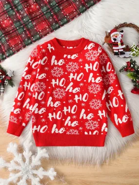 Boys' Christmas Sweater, Red Knit Pullover with "HO HO HO" Lettering, Round Neck, Stretchy Fabric, Regular Fit, Long Sleeves, All-Season, Party Style, for Spring/Autumn/Winter