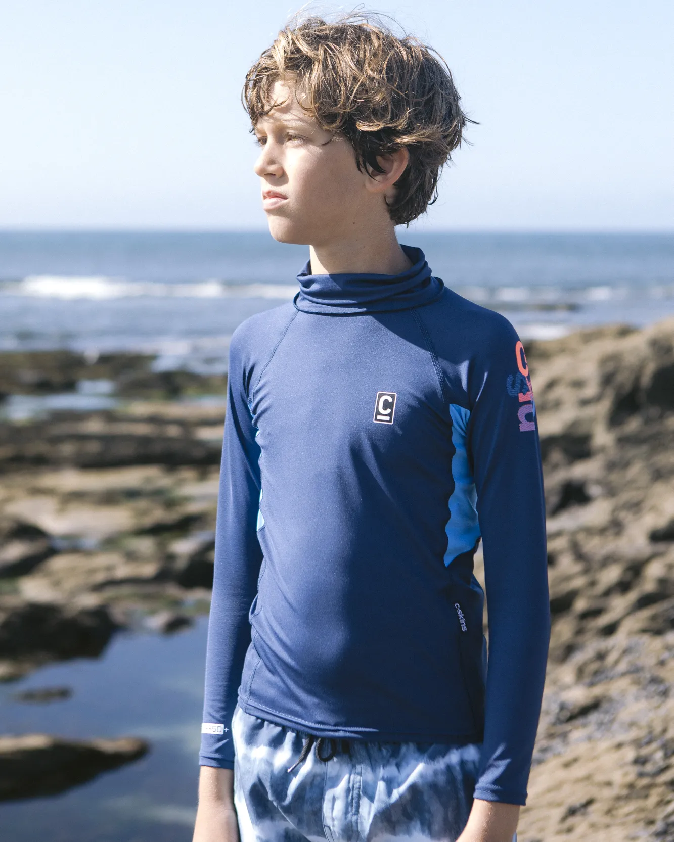 Boys Nuwave Rash Vest in Slate Navy, Cyan & Multi