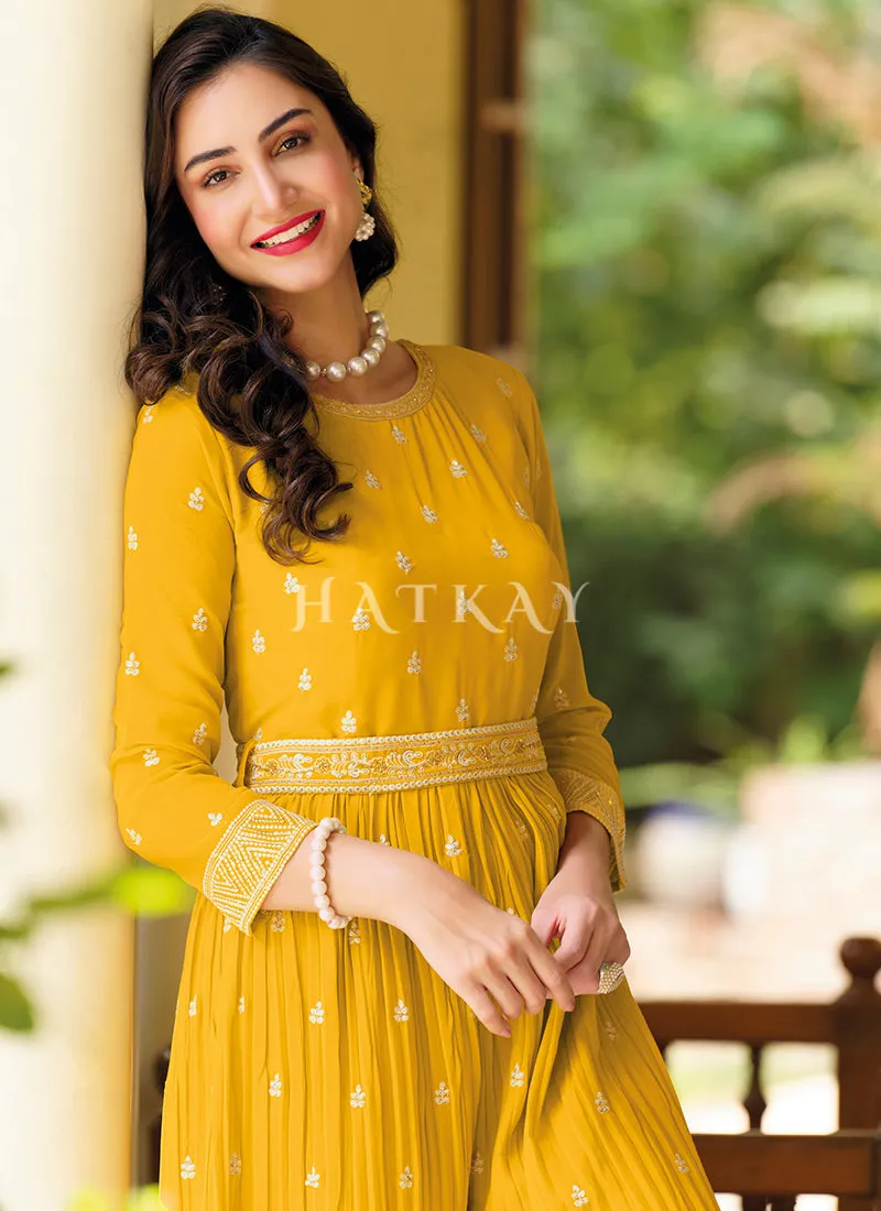 Bright Yellow Embroidered Flared Jumpsuit