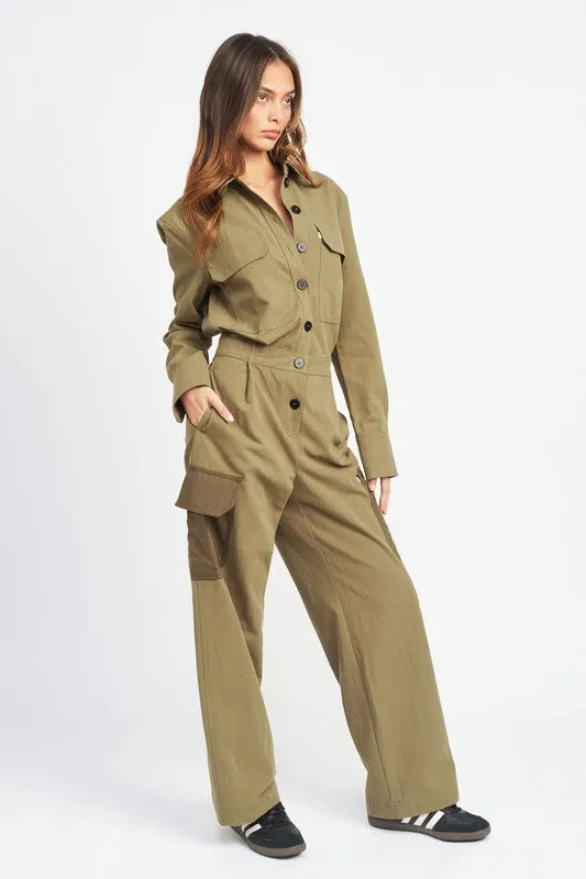 Button down cargo jumpsuit