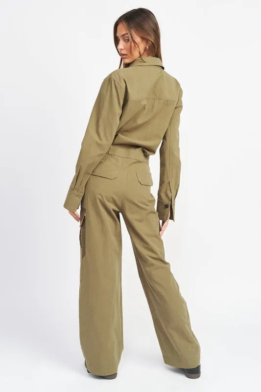 Button down cargo jumpsuit