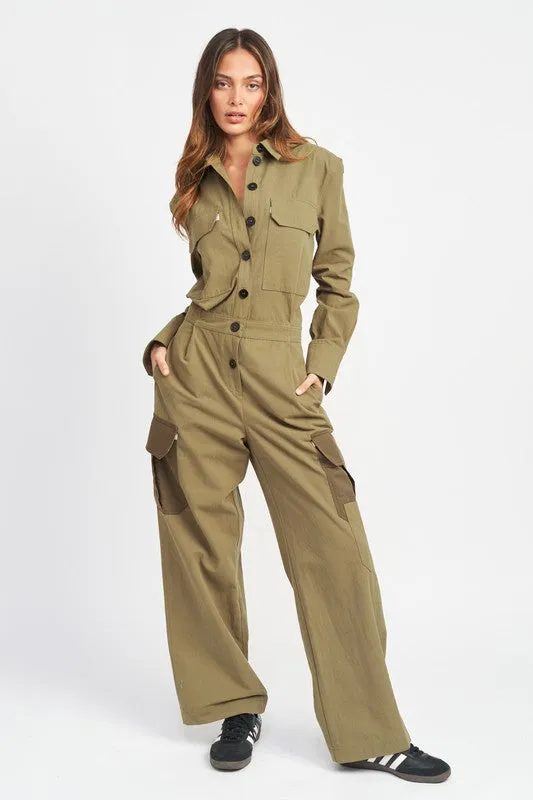 Button down cargo jumpsuit