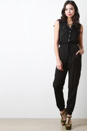 Button Up Drawstring Sleeveless Jumpsuit