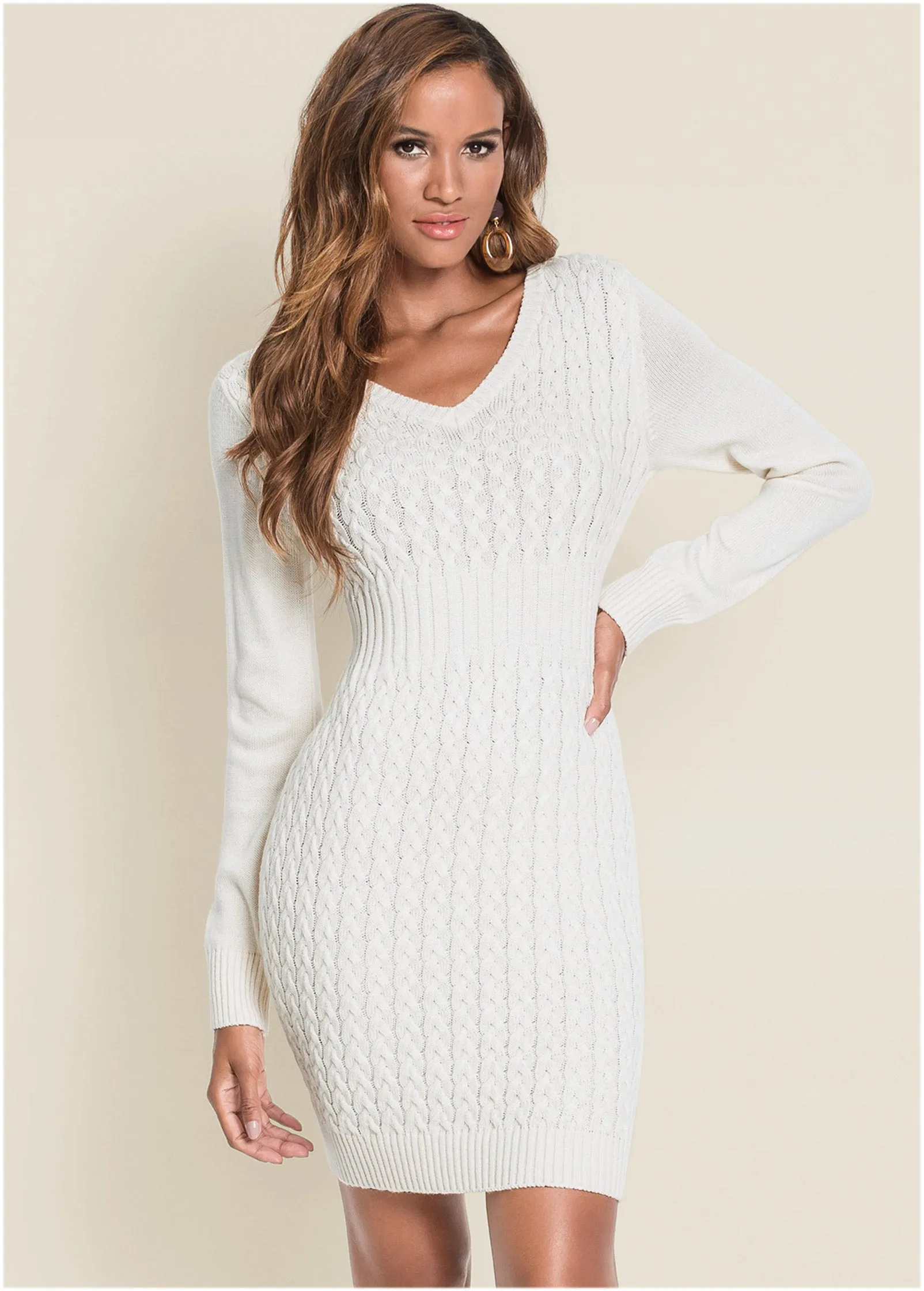 Cable Knit Sweater Dress - Cream