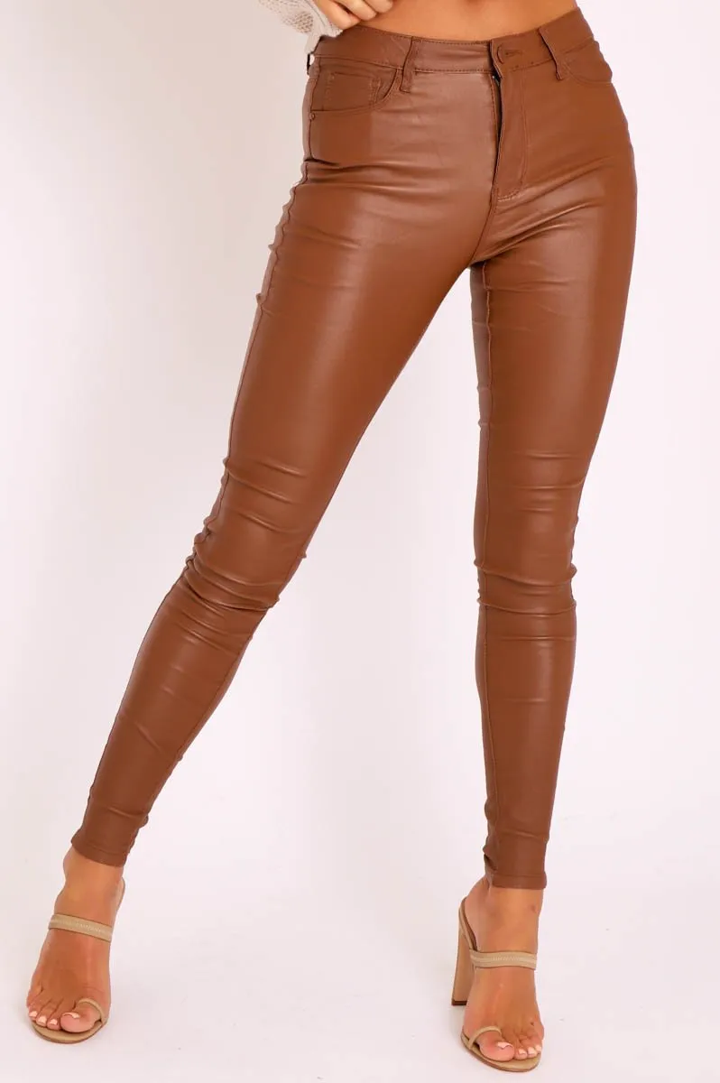 Camel PU Coated Skinny Jeans - Rachell