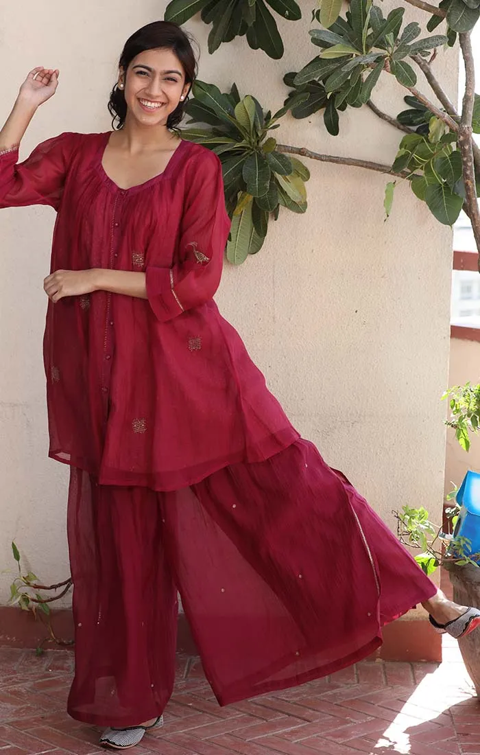 Chanderi Tunic - Fuschia with tones of Mexican Red