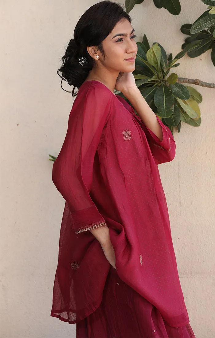 Chanderi Tunic - Fuschia with tones of Mexican Red