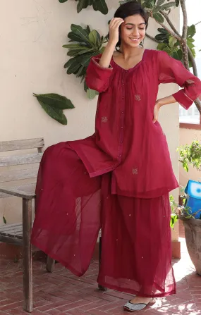 Chanderi Tunic - Fuschia with tones of Mexican Red