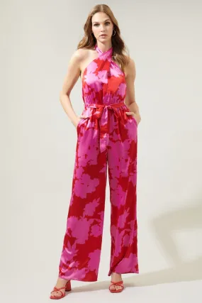 Cherry-Pink Burning Love Villanueva Satin Halter Jumpsuit