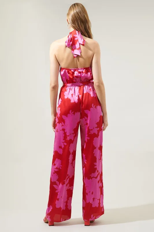 Cherry-Pink Burning Love Villanueva Satin Halter Jumpsuit