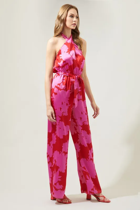 Cherry-Pink Burning Love Villanueva Satin Halter Jumpsuit