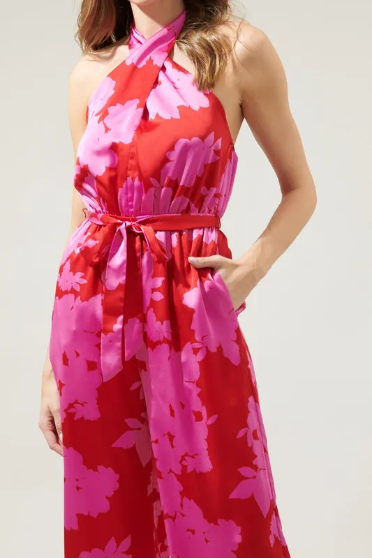 Cherry-Pink Burning Love Villanueva Satin Halter Jumpsuit