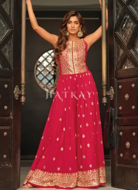 Cherry Red Traditional Embroidered Flared Jumpsuit