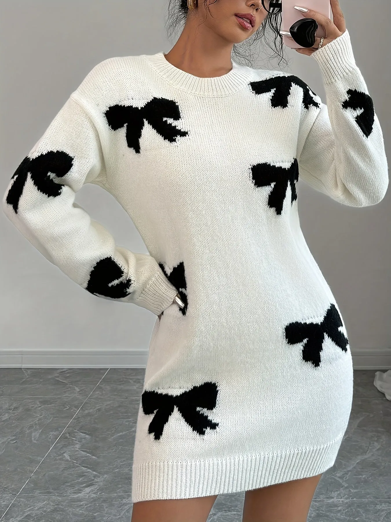 Chic Bowknot Knit Sweater Dress for Women - Casual Crew Neck, Mid-Length with Long Sleeves, Perfect for All Seasons