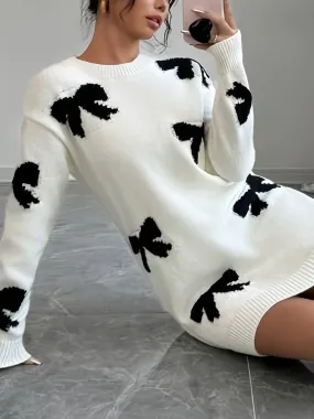 Chic Bowknot Knit Sweater Dress for Women - Casual Crew Neck, Mid-Length with Long Sleeves, Perfect for All Seasons