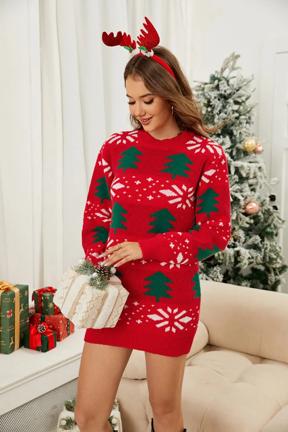 Christmas Tree Sweater Dress Women Round Neck Soft Acrylic Holiday Dress