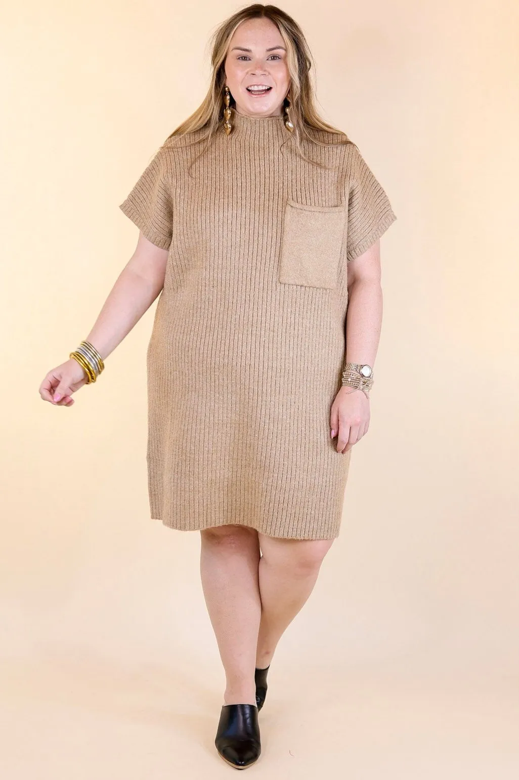 City Sights Cap Sleeve Sweater Dress in Oatmeal Beige