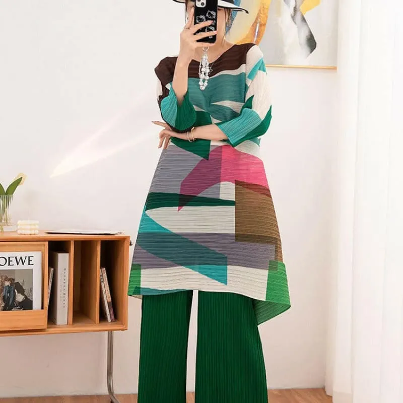 Colorful Women’s Autumn Two-piece Set with Printed Mid Length Wide Leg Pants