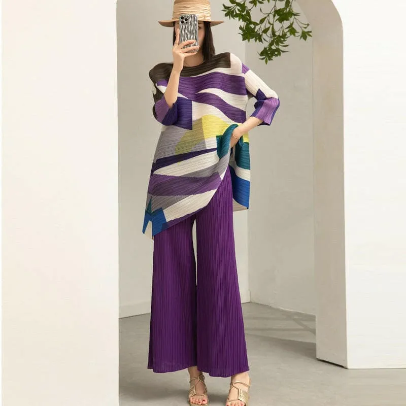 Colorful Women’s Autumn Two-piece Set with Printed Mid Length Wide Leg Pants