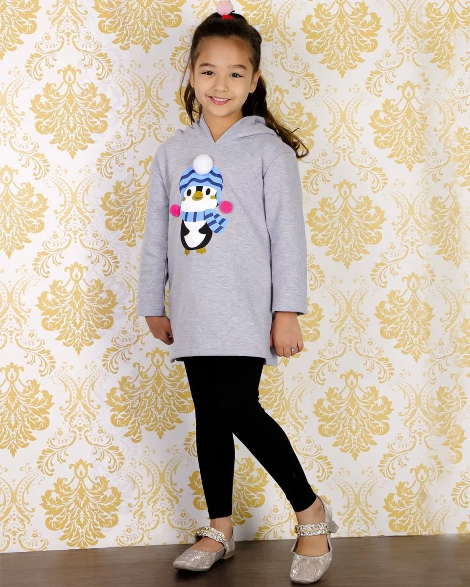 Combo of Girls Little Penguin Hooded Sweater Dress with Black Leggings