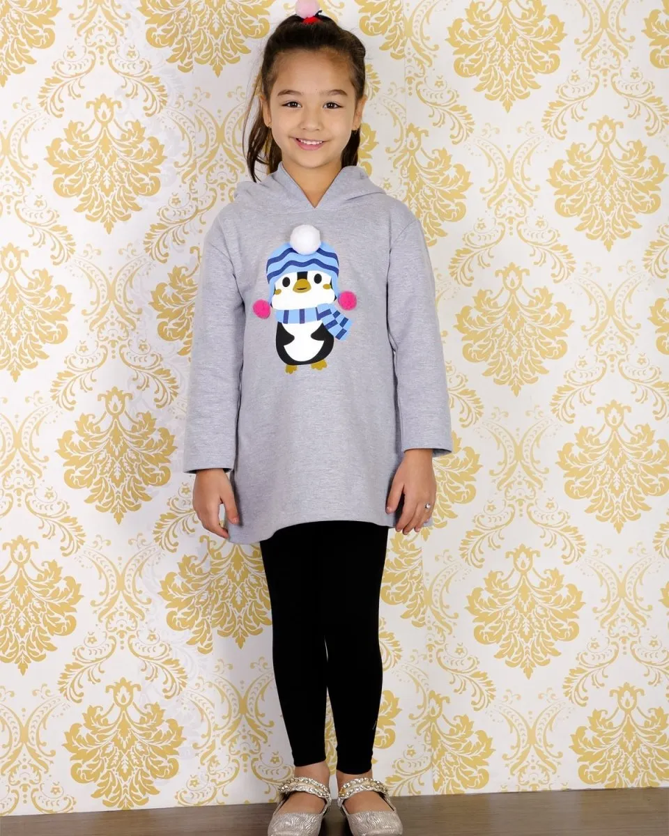 Combo of Girls Little Penguin Hooded Sweater Dress with Black Leggings