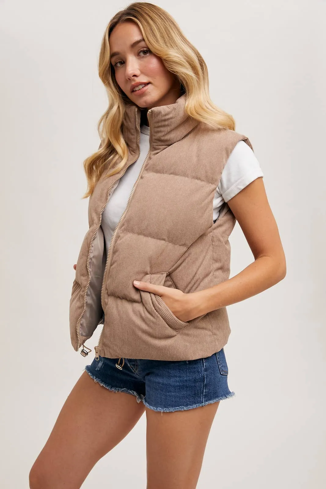 CORDUROY PUFFER VEST ZIPPER FRONT