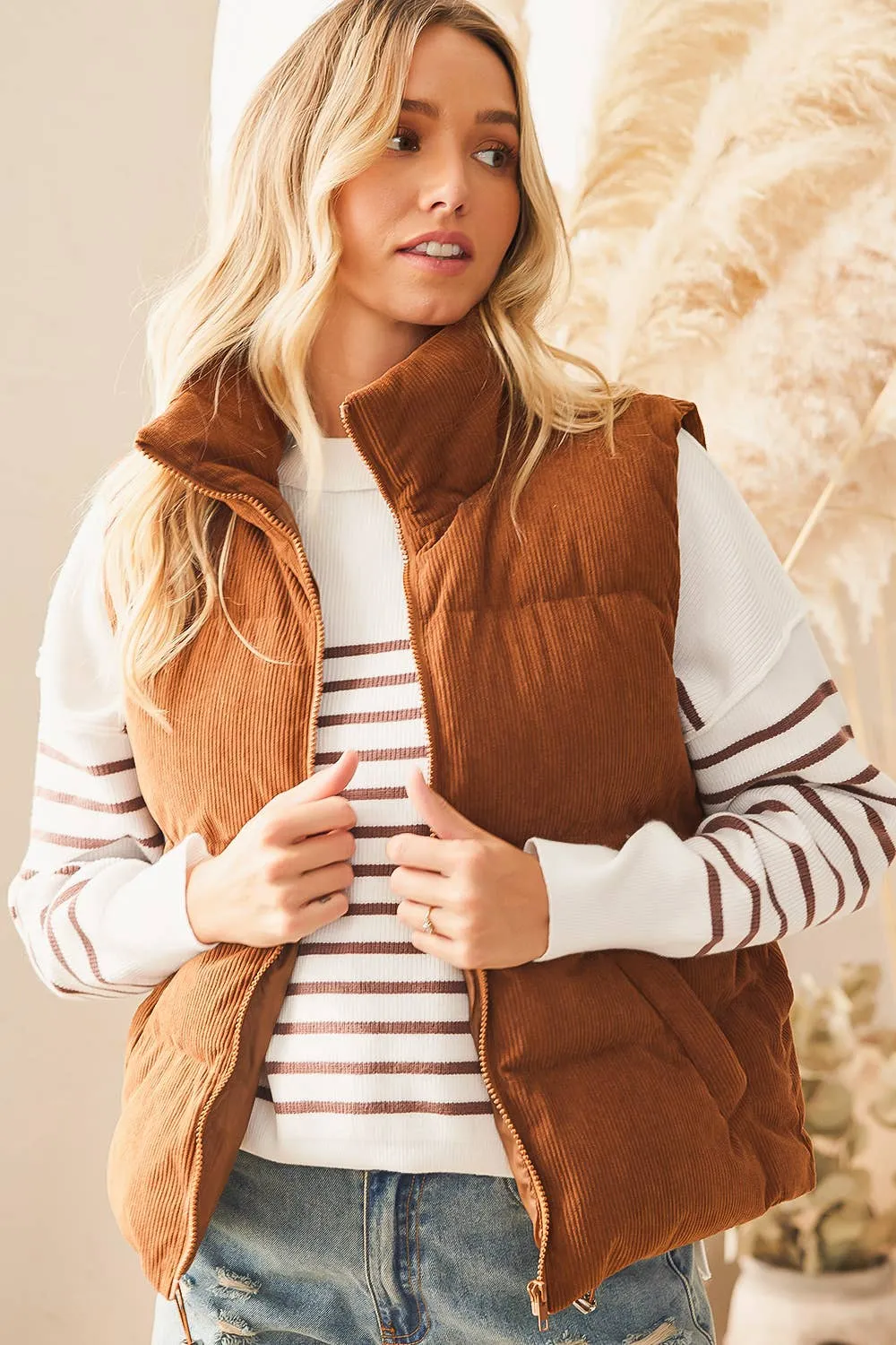 CORDUROY PUFFER VEST ZIPPER FRONT