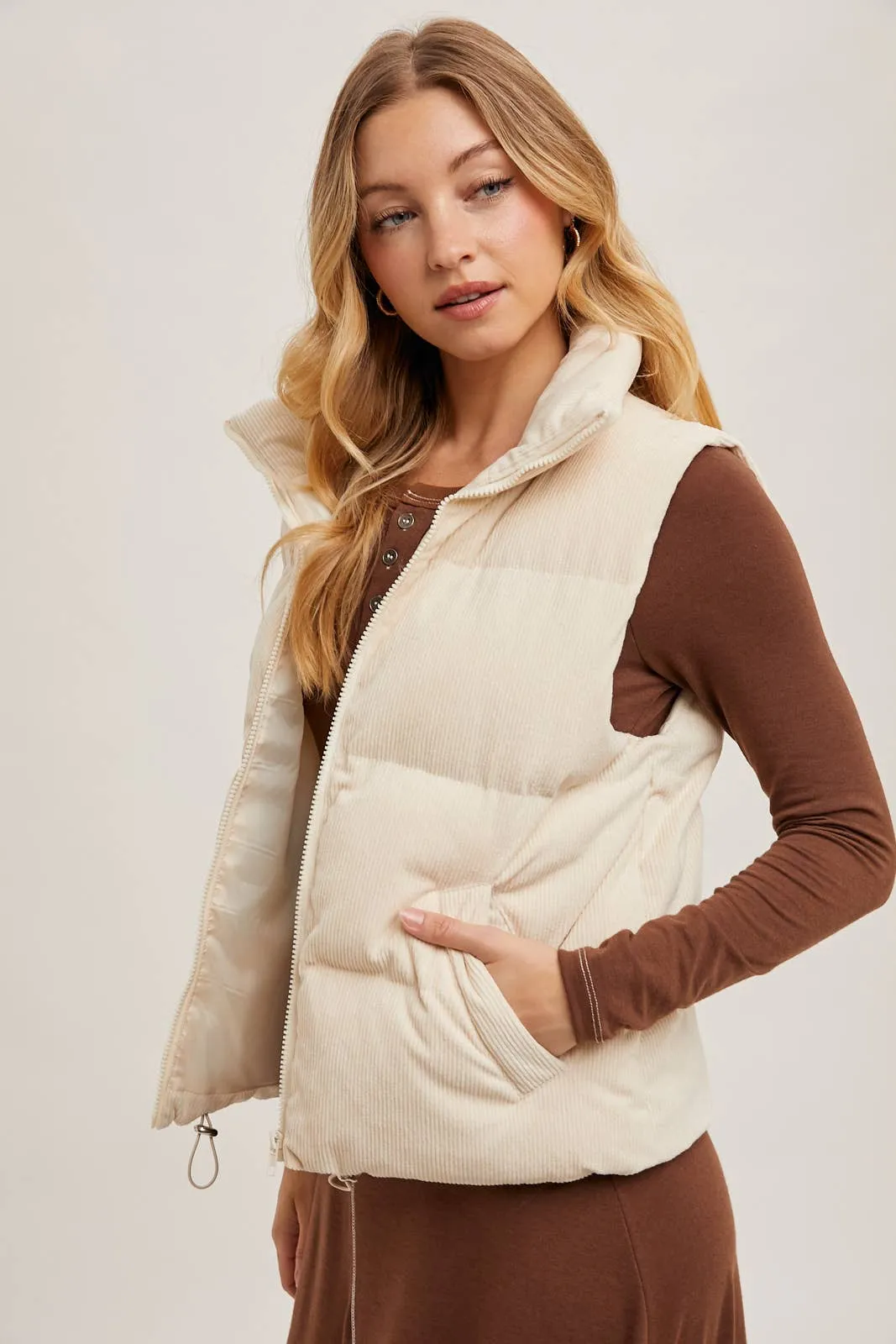 CORDUROY PUFFER VEST ZIPPER FRONT