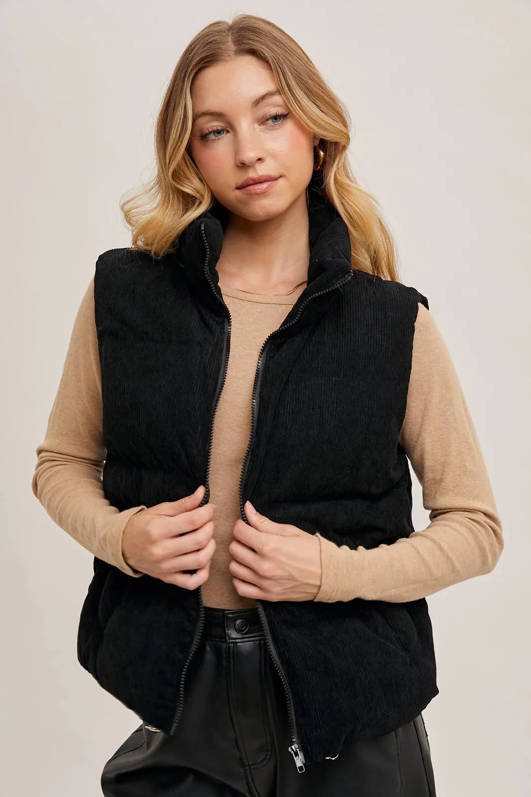 CORDUROY PUFFER VEST ZIPPER FRONT