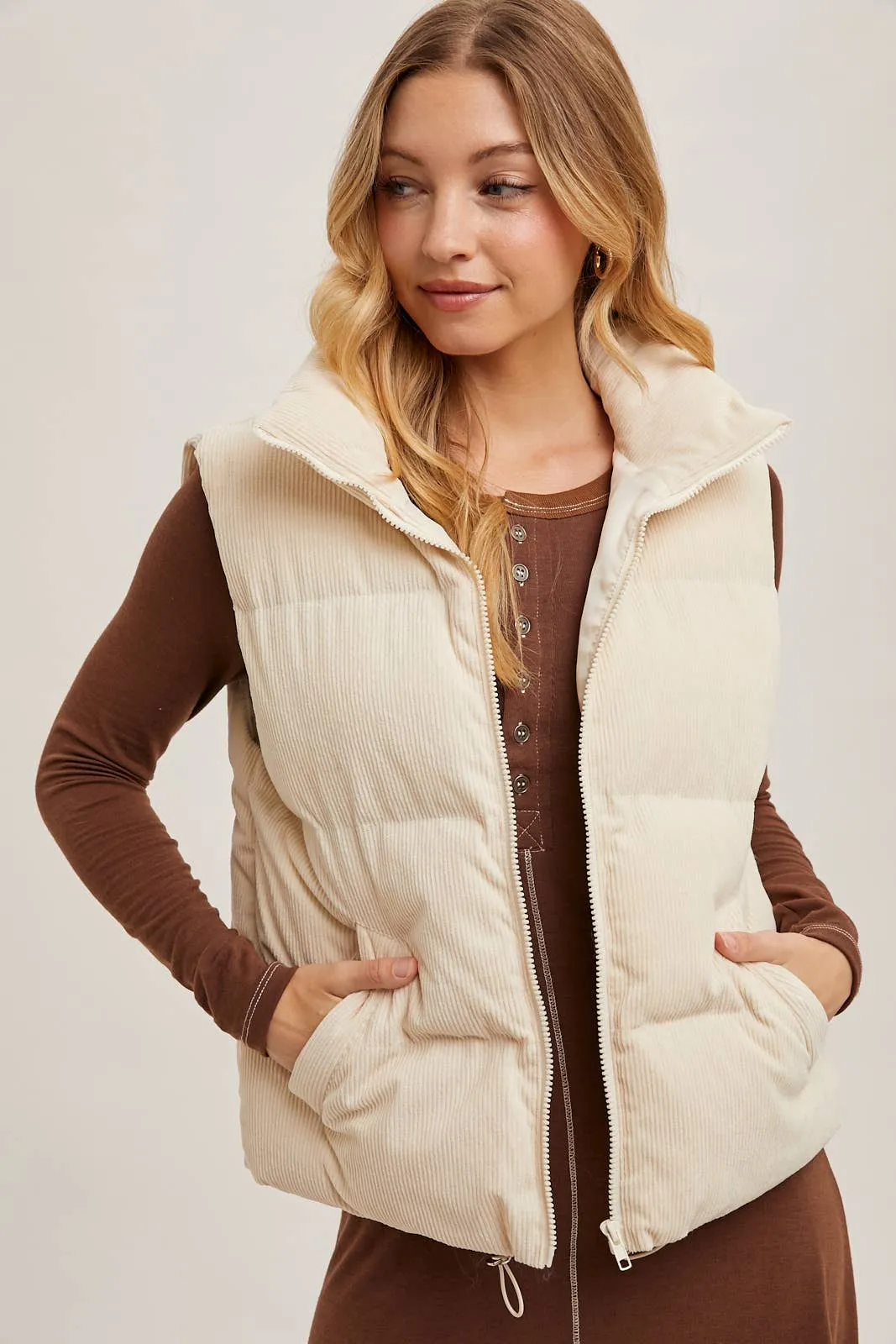 CORDUROY PUFFER VEST ZIPPER FRONT