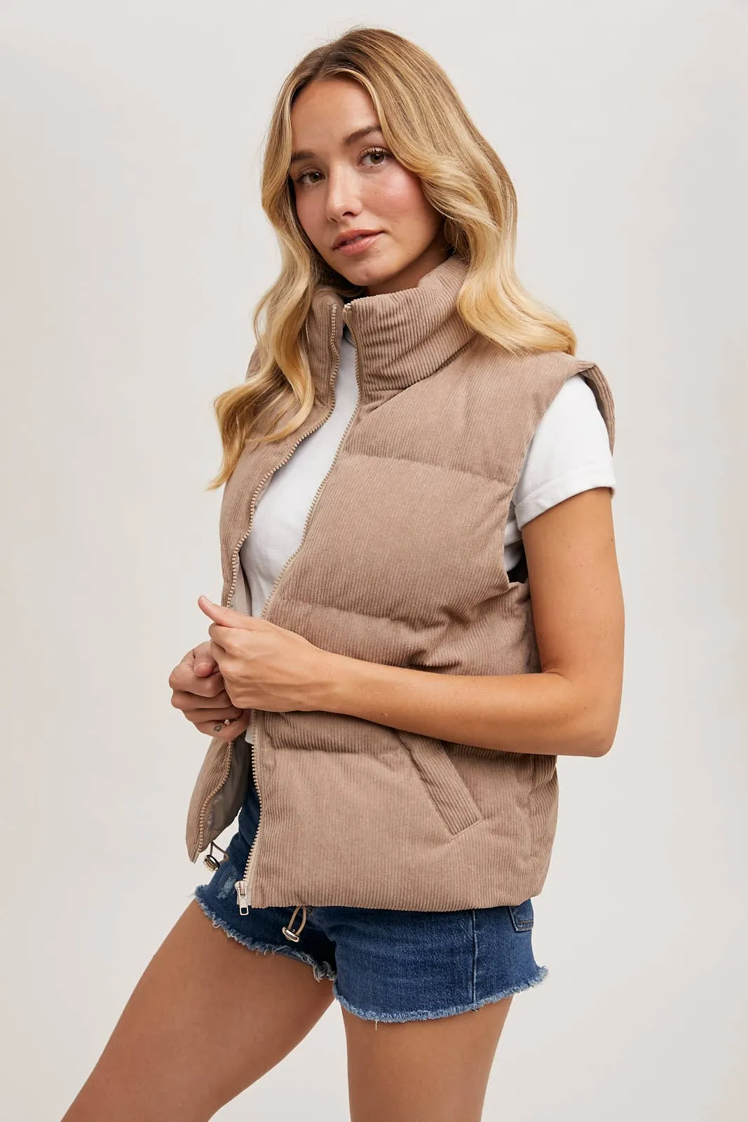 CORDUROY PUFFER VEST ZIPPER FRONT