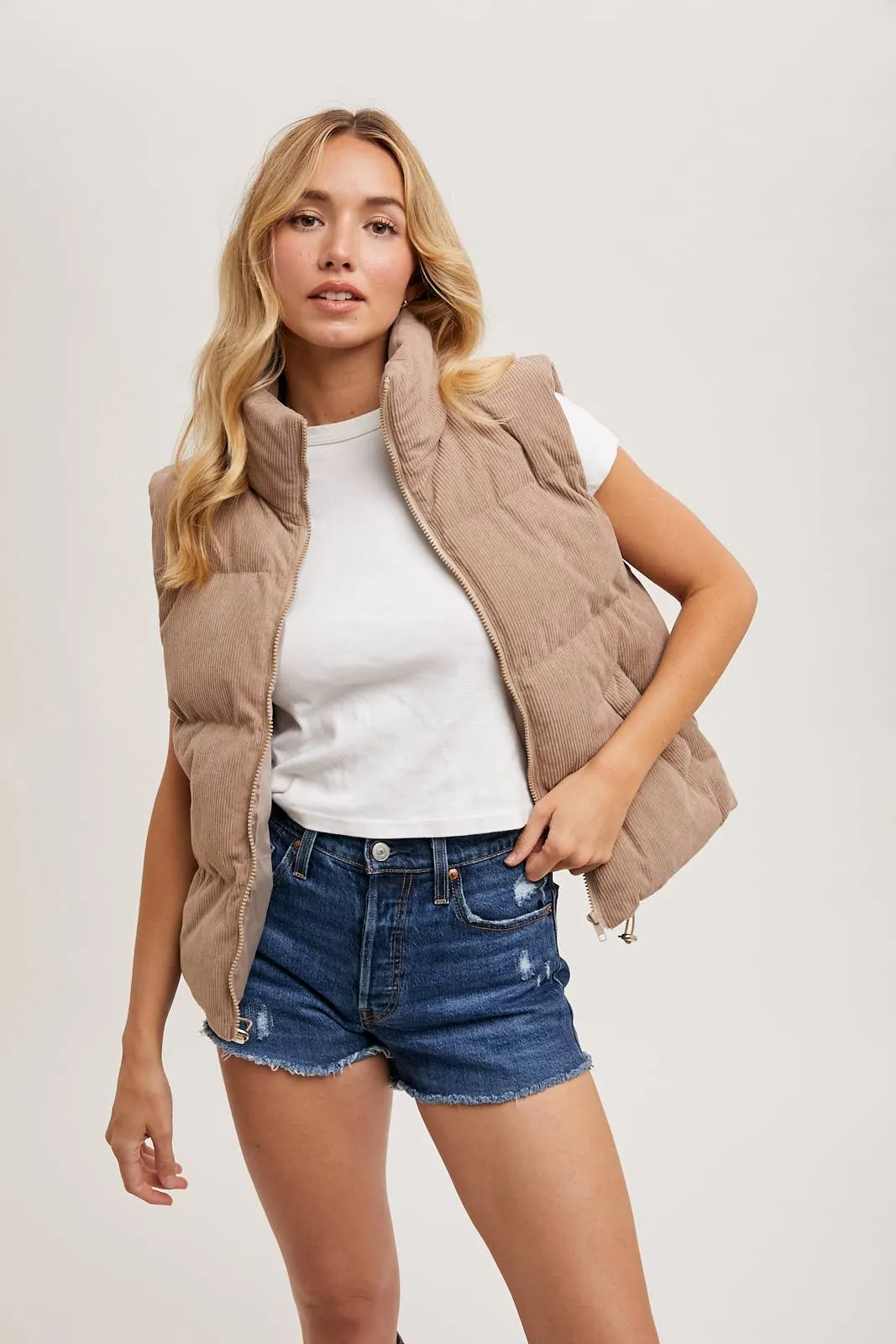 CORDUROY PUFFER VEST ZIPPER FRONT