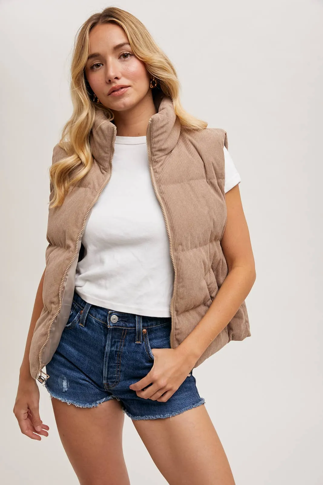 CORDUROY PUFFER VEST ZIPPER FRONT