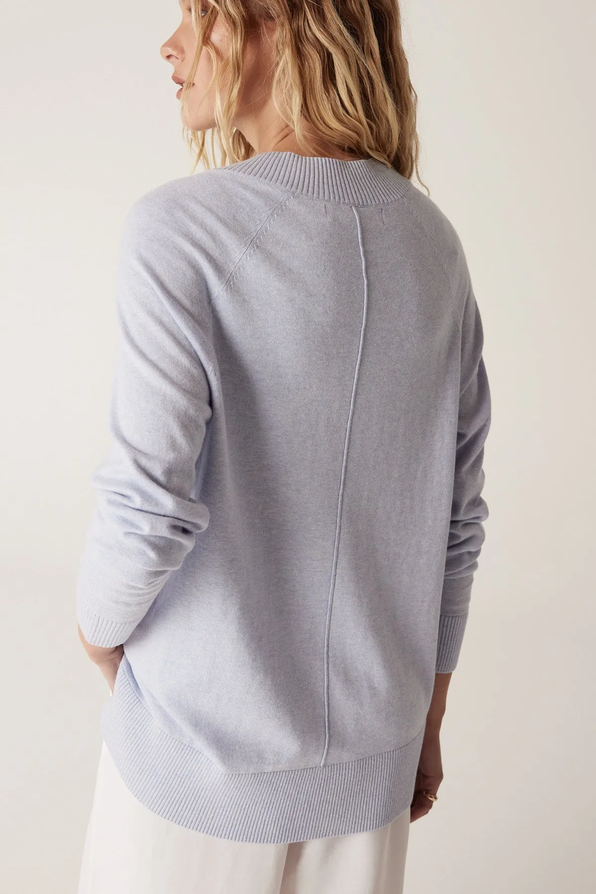 Cotton Cashmere V Neck Jumper - Pale Blue