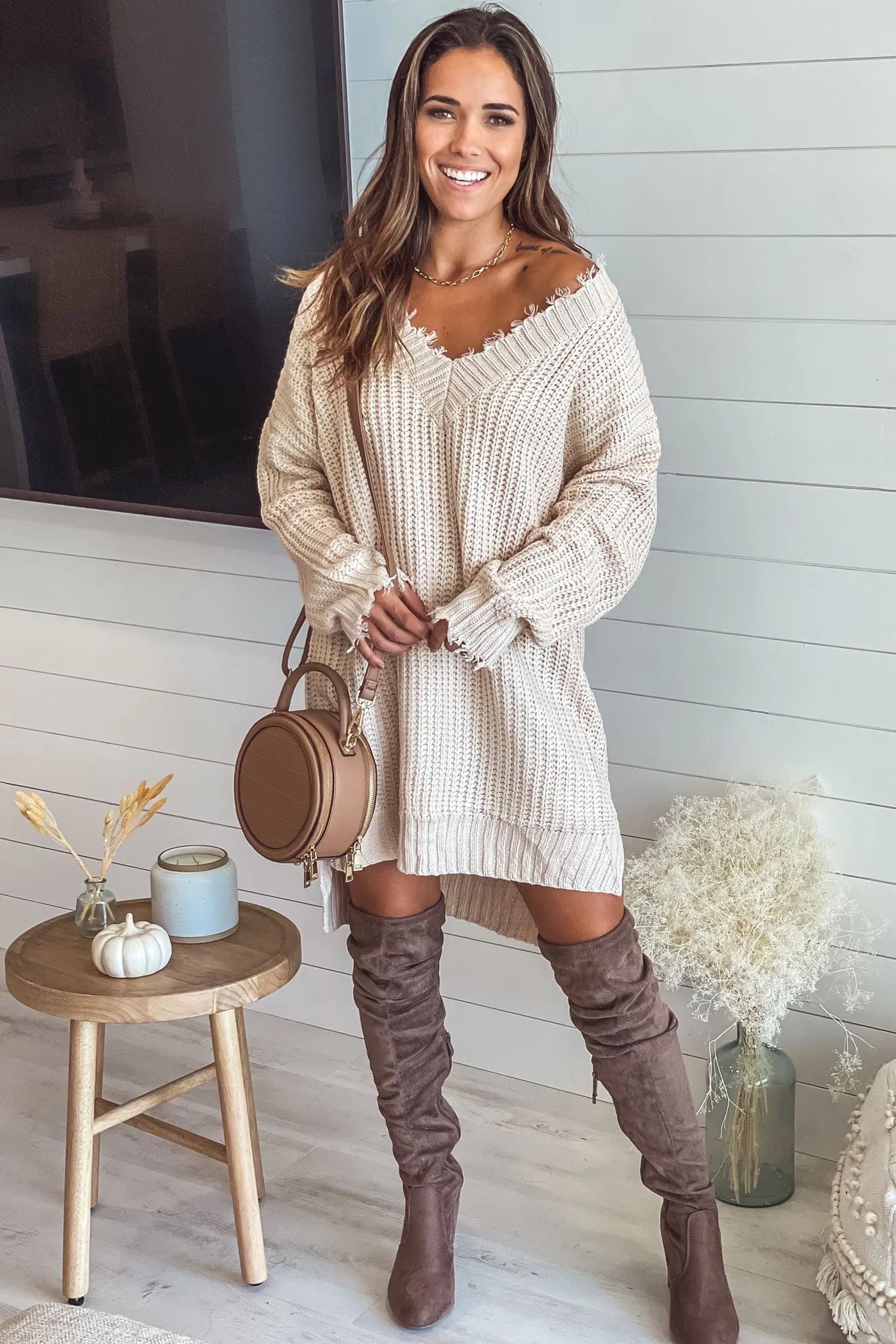 Cream Frayed V-Neck Sweater Dress