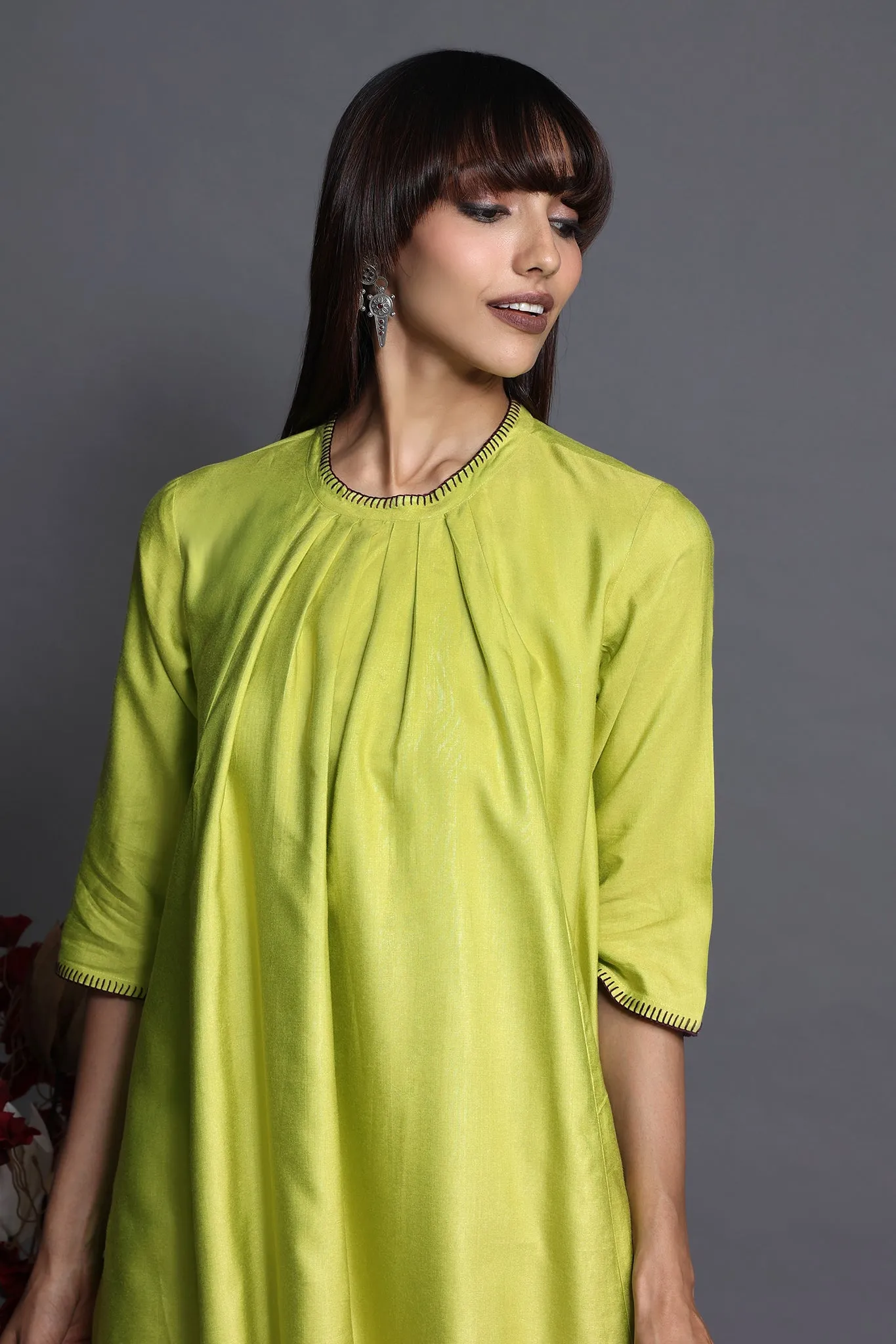 crew neck silk pleated dress - glinting lime & silk radiance