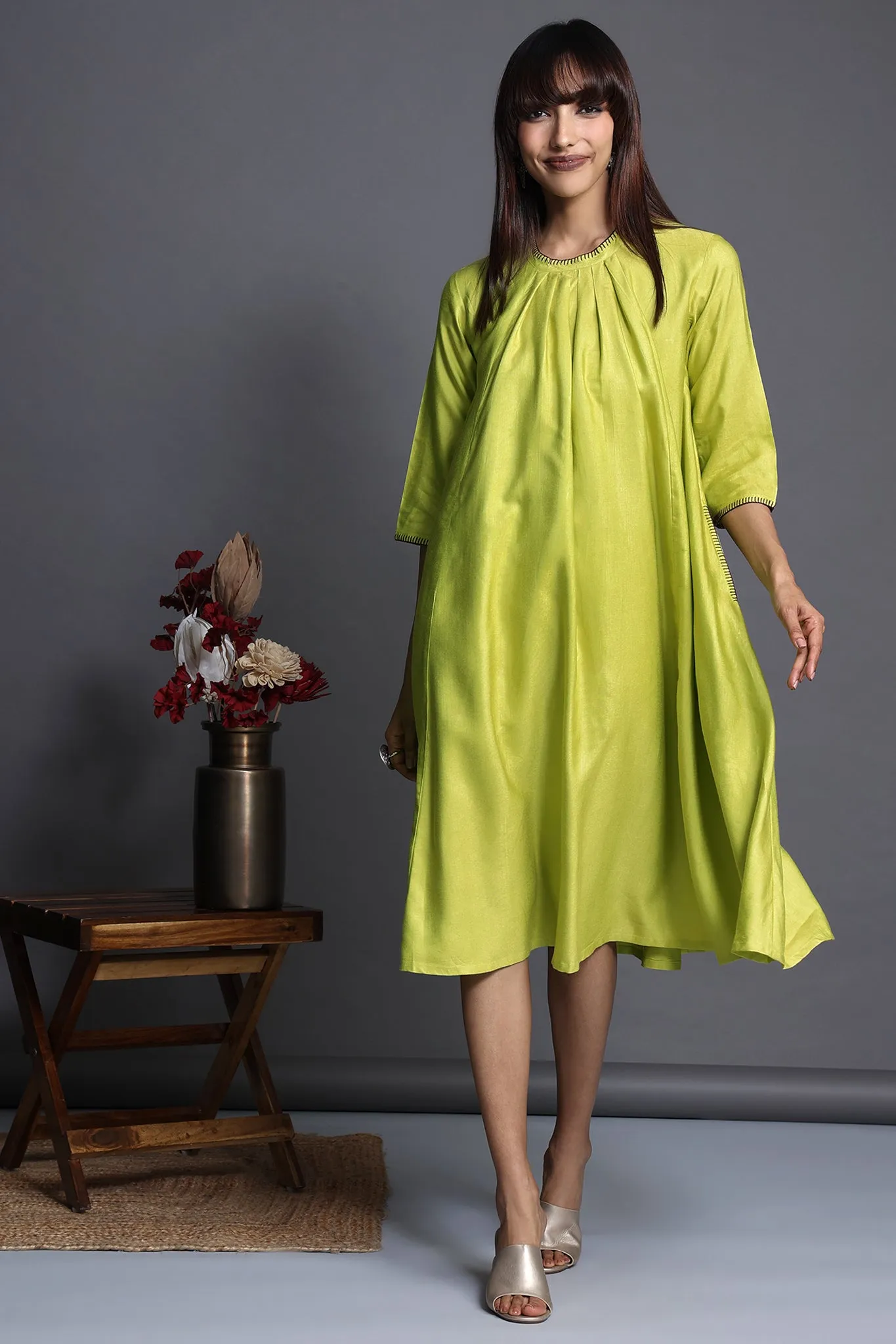 crew neck silk pleated dress - glinting lime & silk radiance