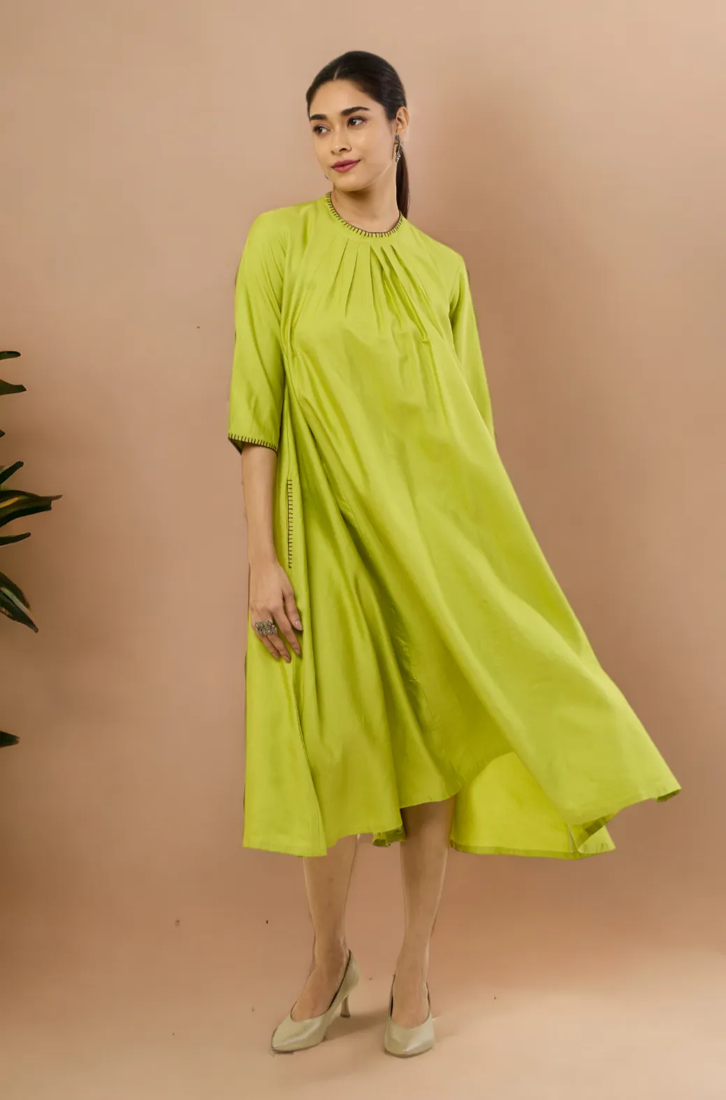 crew neck silk pleated dress - glinting lime & silk radiance