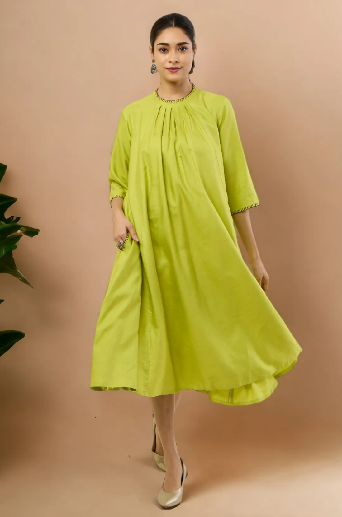 crew neck silk pleated dress - glinting lime & silk radiance