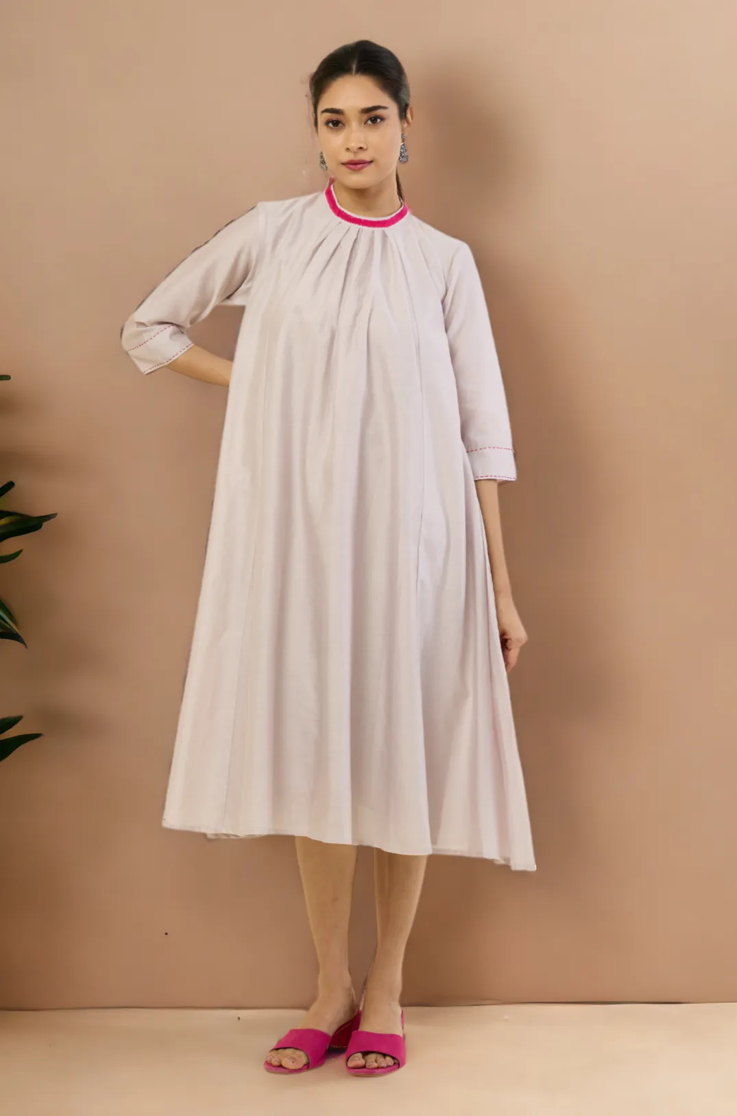 crew neck silk pleated dress - moon whispers & silver blush