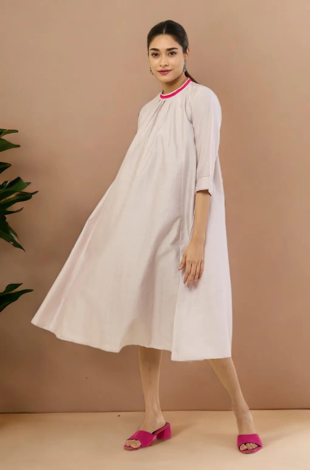 crew neck silk pleated dress - moon whispers & silver blush