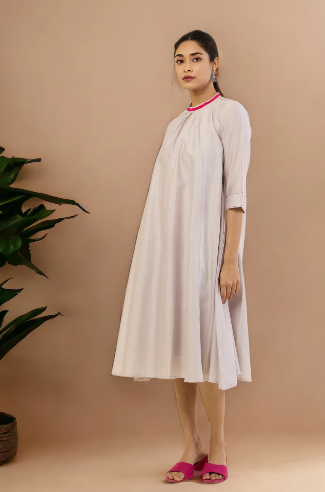 crew neck silk pleated dress - moon whispers & silver blush