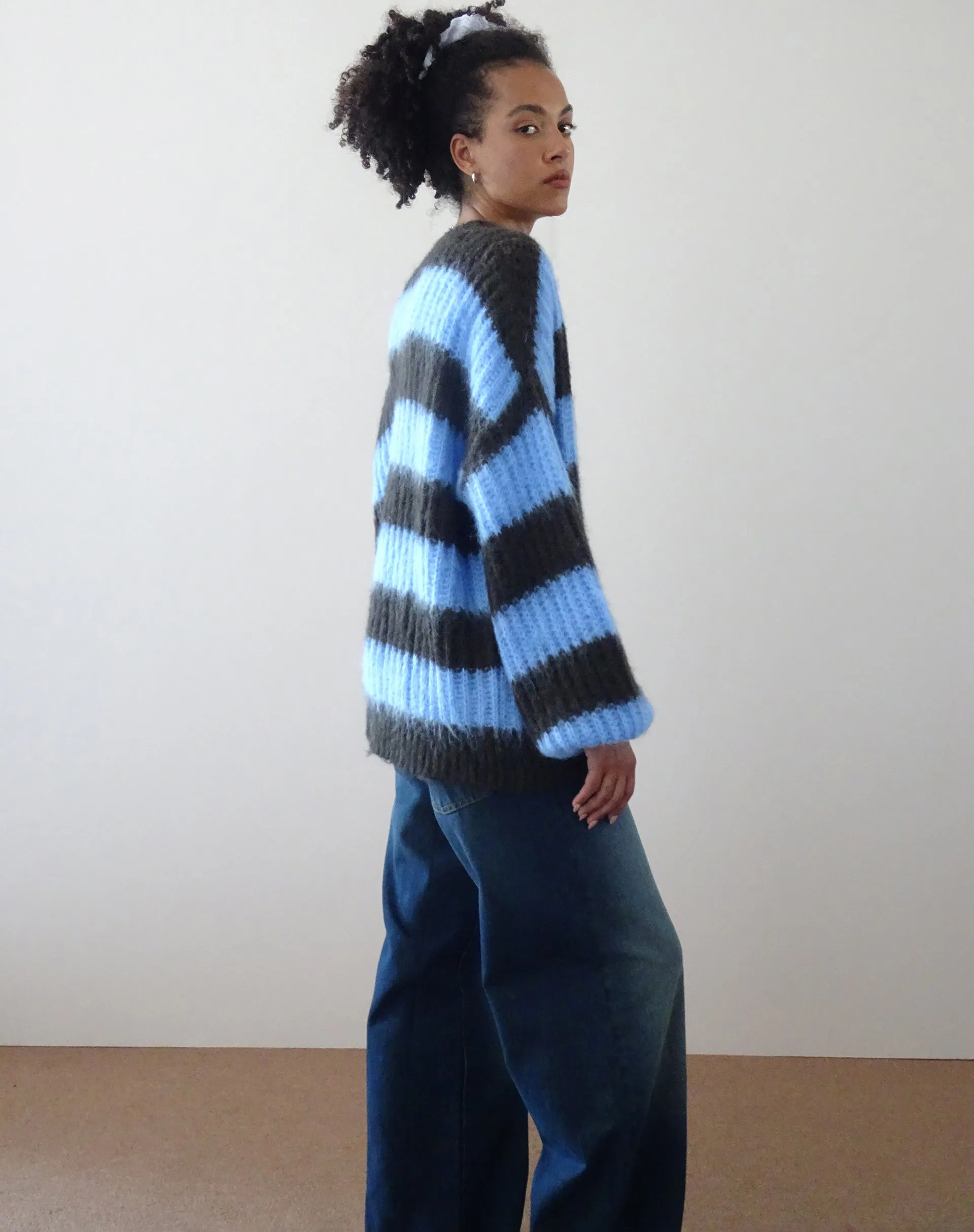 Daren Knitted Oversized Jumper in Brown and Blue Stripe