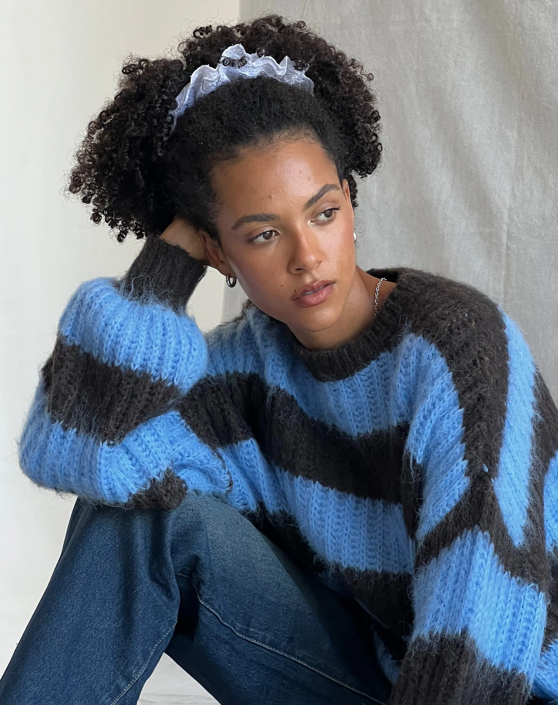 Daren Knitted Oversized Jumper in Brown and Blue Stripe