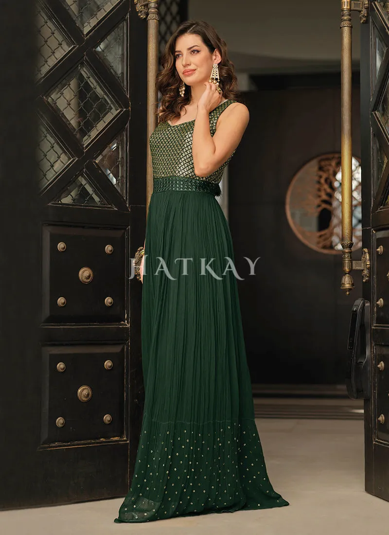 Dark Green Traditional Embroidered Flared Jumpsuit