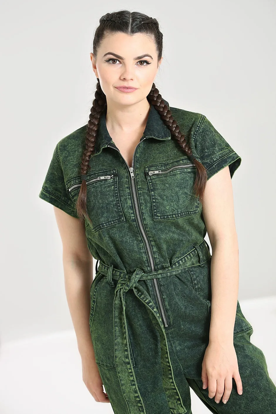 Denim Boilersuit in Green by Hell Bunny - Size S