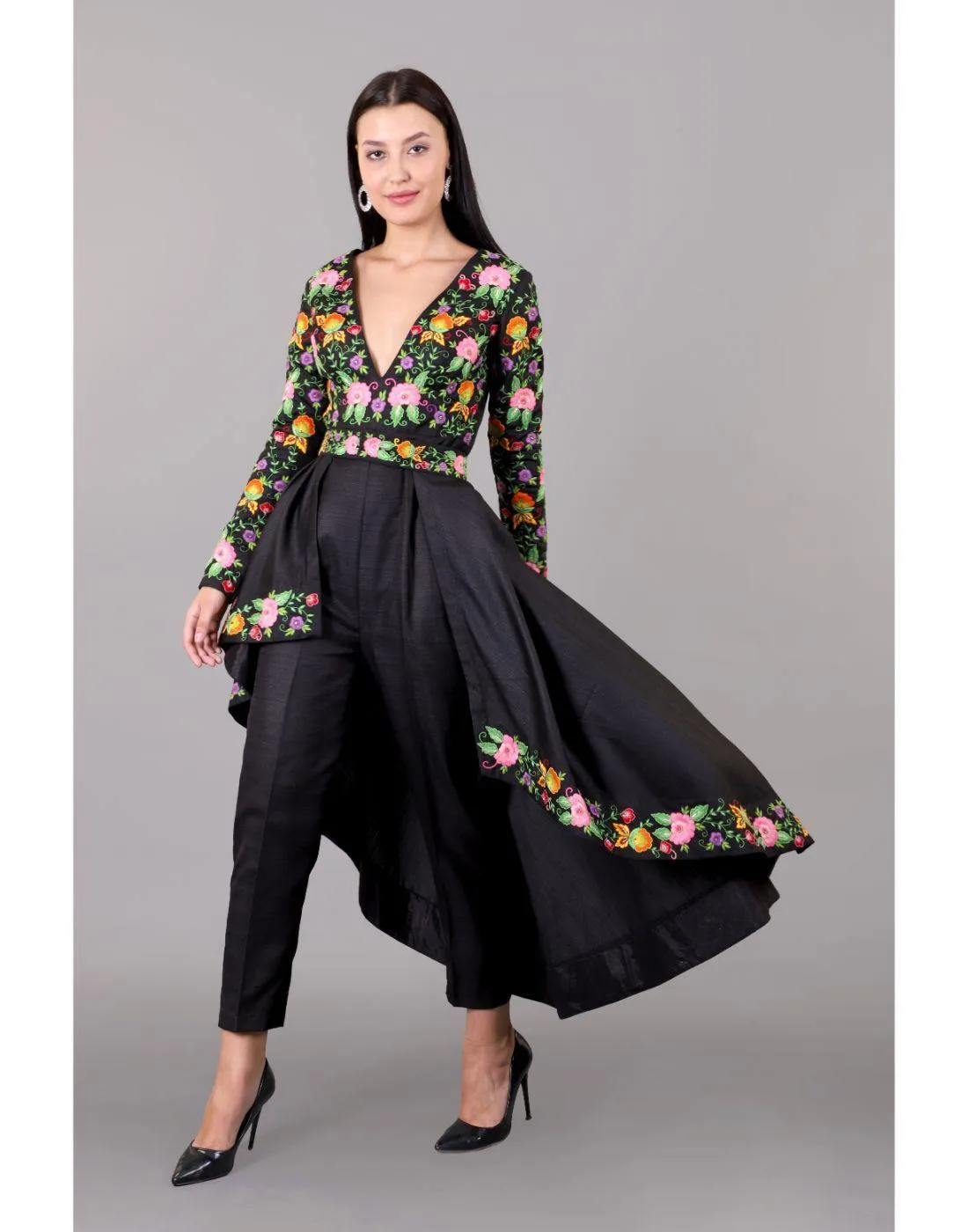 Designer Rashika's Rent Black Pleated Frill Asymmetrical Jumpsuit