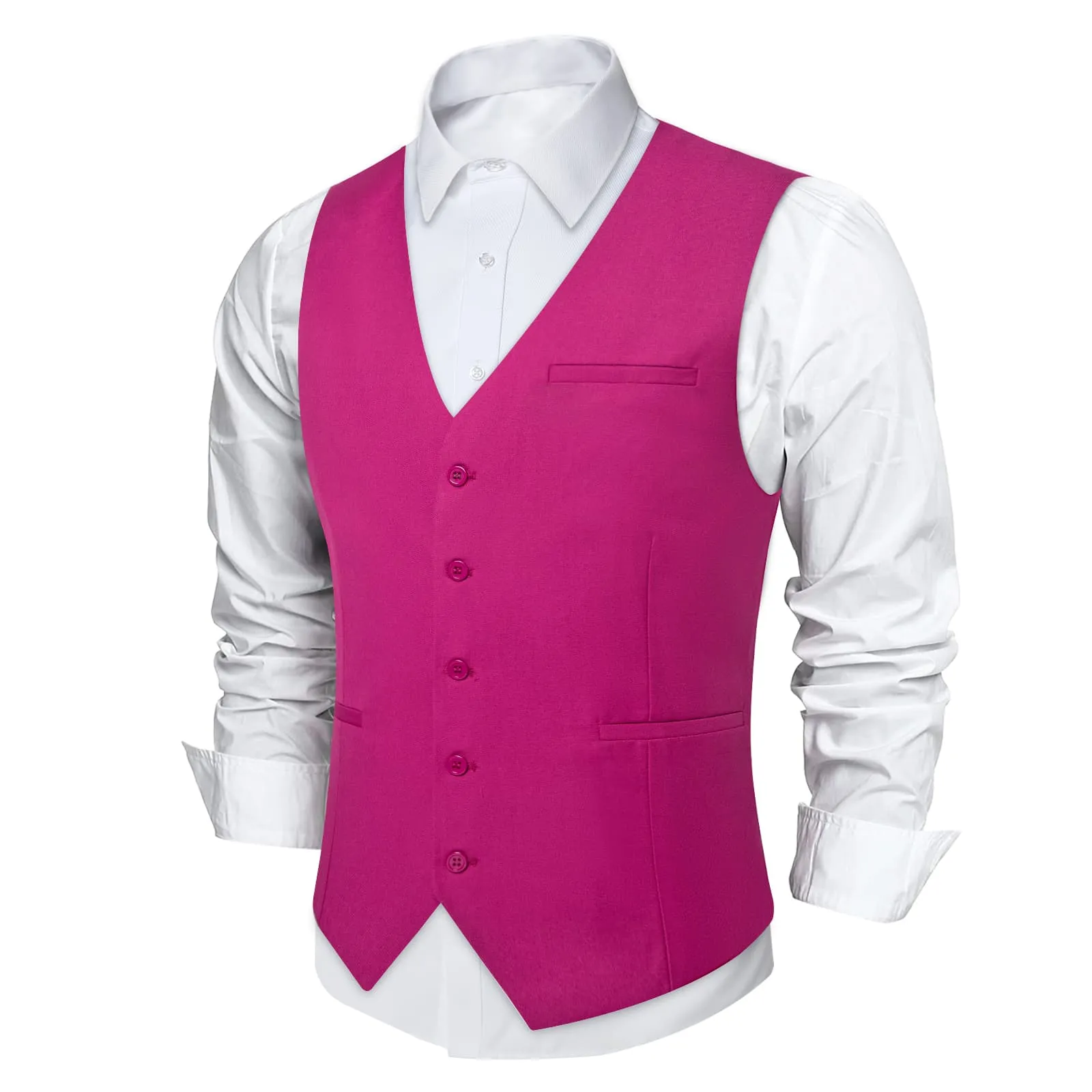 DiBanGu Mens Vest Medium Pink Solid V Neck Work Waistcoat Silk Button Vest