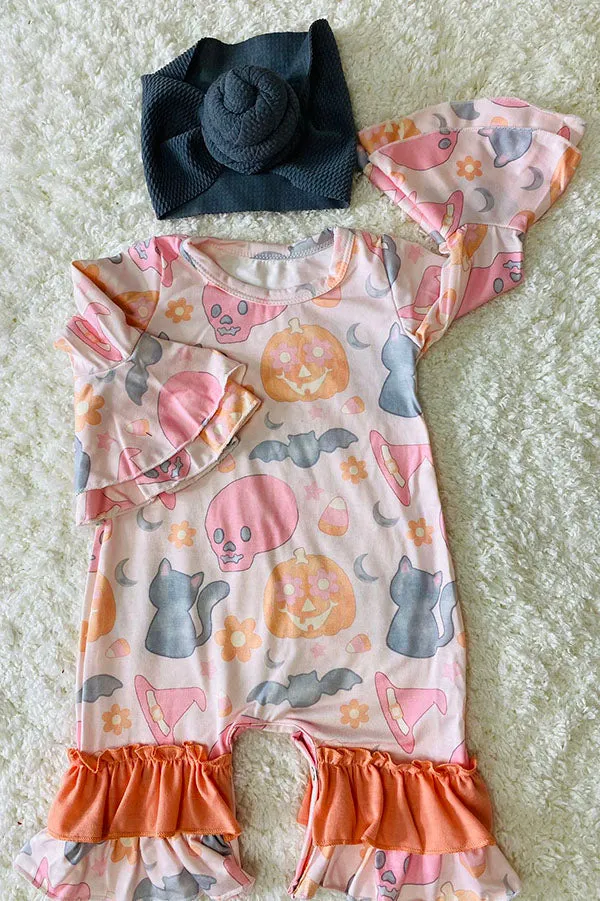 DLH2564 Halloween prints ruffle long sleeve infant baby girls rompers wholesale